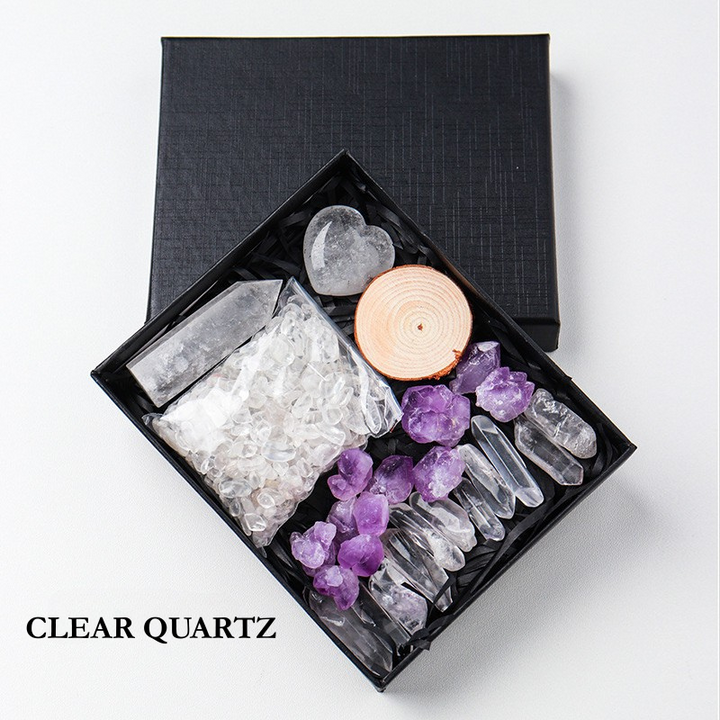 Natural Amethyst Raw Crystal Hexagonal Prism and Crystal Chips Set