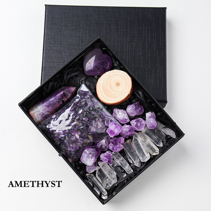 Natural Amethyst Raw Crystal Hexagonal Prism and Crystal Chips Set