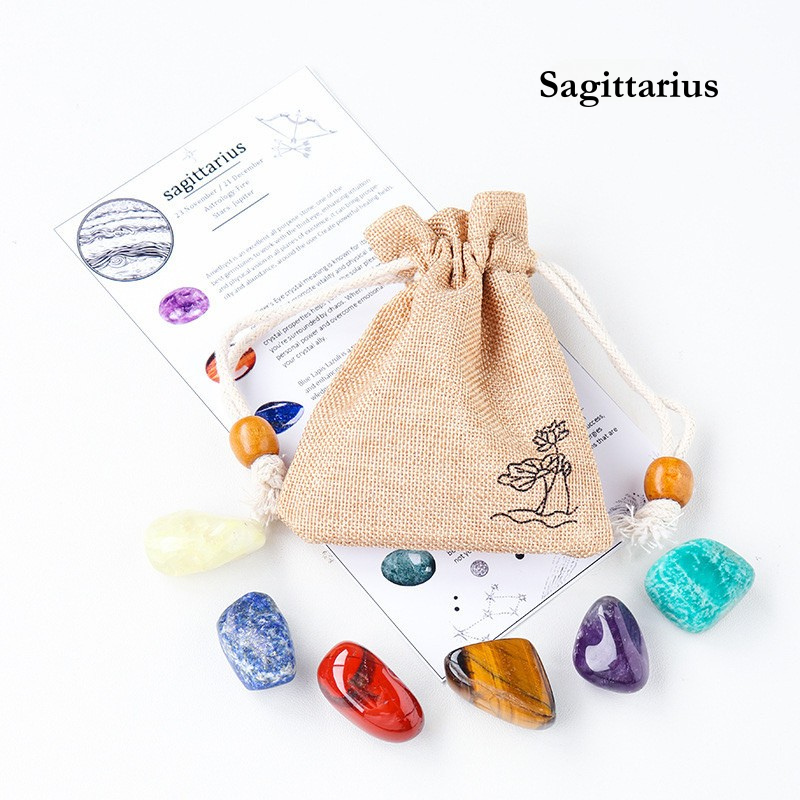 Natural Crystal Raw Stone Zodiac Pouch Set, Crystal Mineral Specimen Kit, Gift for Her/Him