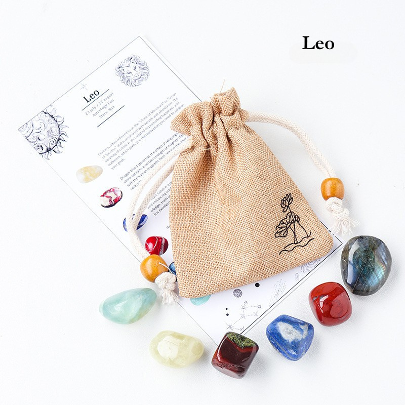 Natural Crystal Raw Stone Zodiac Pouch Set, Crystal Mineral Specimen Kit, Gift for Her/Him