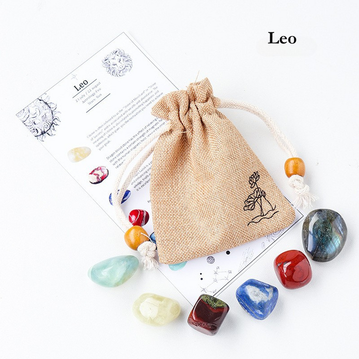 Natural Crystal Raw Stone Zodiac Pouch Set, Crystal Mineral Specimen Kit, Gift for Her/Him