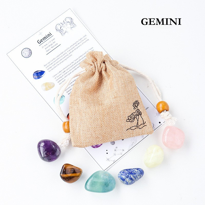 Natural Crystal Raw Stone Zodiac Pouch Set, Crystal Mineral Specimen Kit, Gift for Her/Him