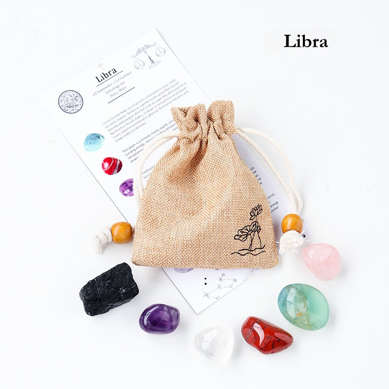 Natural Crystal Raw Stone Zodiac Pouch Set, Crystal Mineral Specimen Kit, Gift for Her/Him