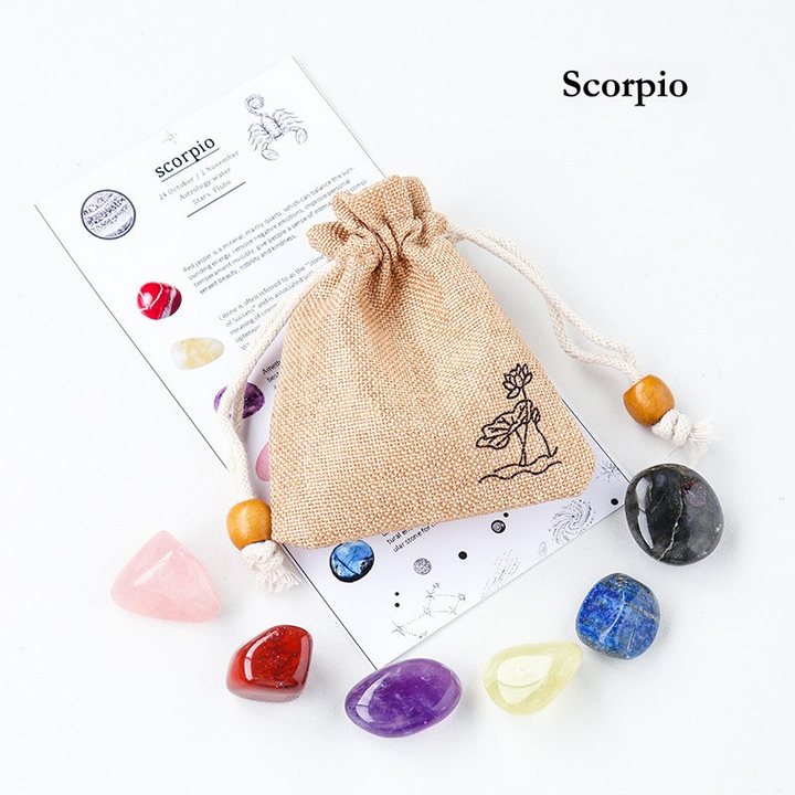 Natural Crystal Raw Stone Zodiac Pouch Set, Crystal Mineral Specimen Kit, Gift for Her/Him