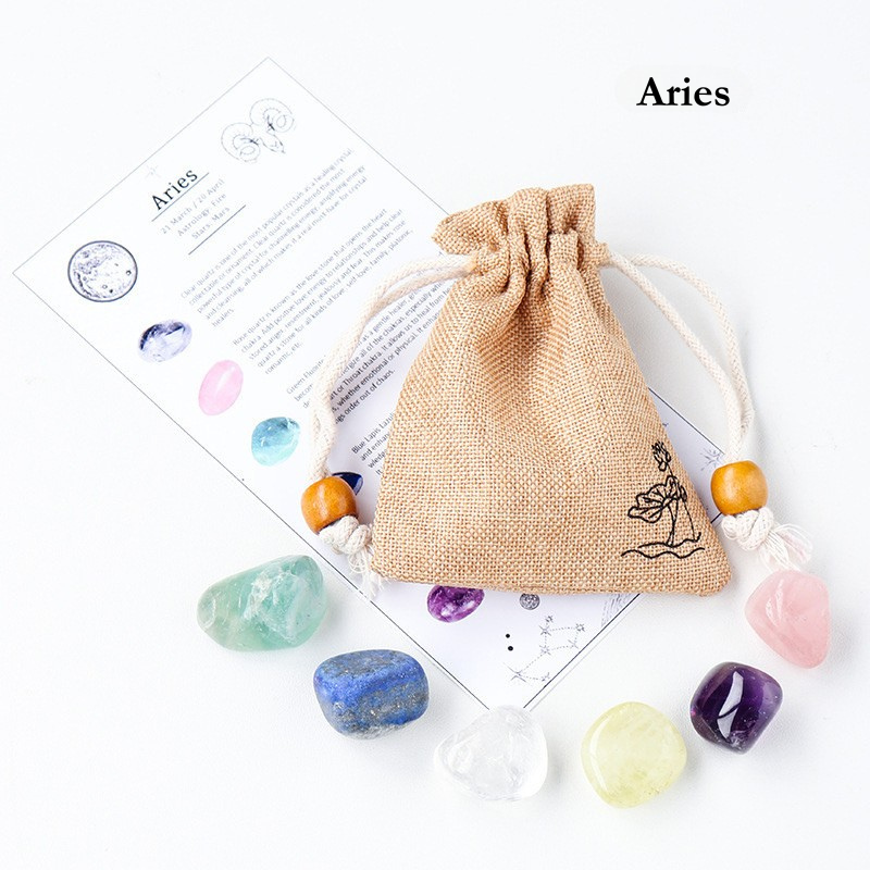 Natural Crystal Raw Stone Zodiac Pouch Set, Crystal Mineral Specimen Kit, Gift for Her/Him