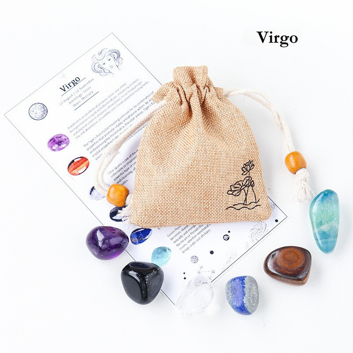 Natural Crystal Raw Stone Zodiac Pouch Set, Crystal Mineral Specimen Kit, Gift for Her/Him