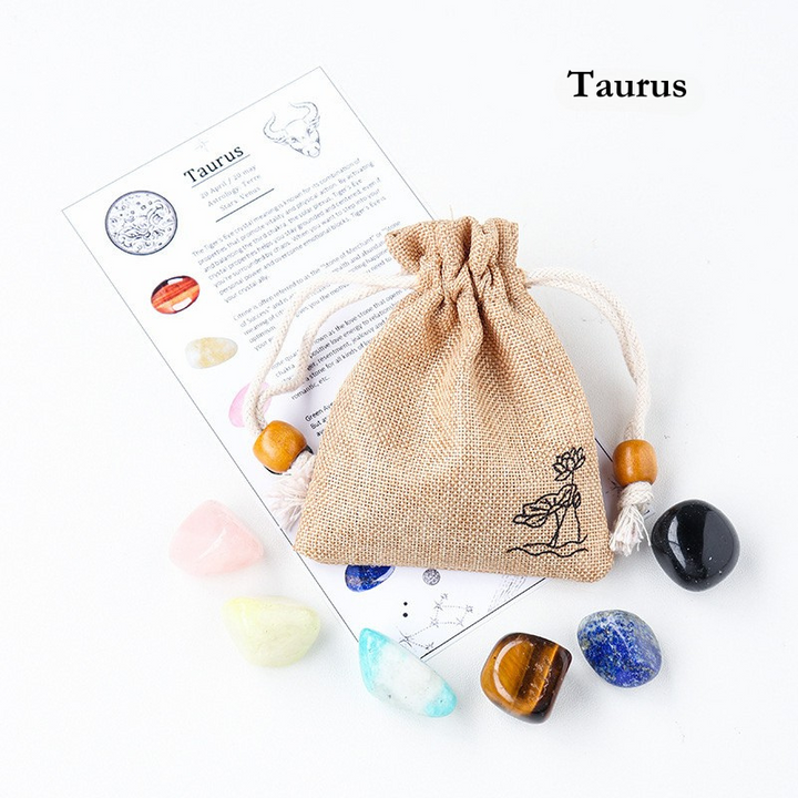 Natural Crystal Raw Stone Zodiac Pouch Set, Crystal Mineral Specimen Kit, Gift for Her/Him