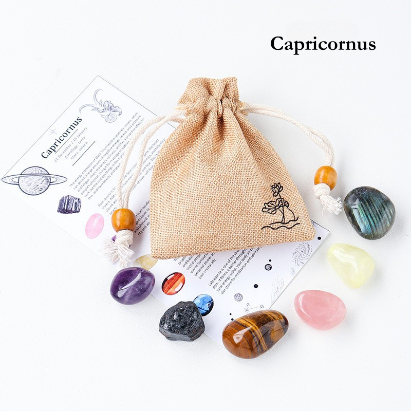 Natural Crystal Raw Stone Zodiac Pouch Set, Crystal Mineral Specimen Kit, Gift for Her/Him