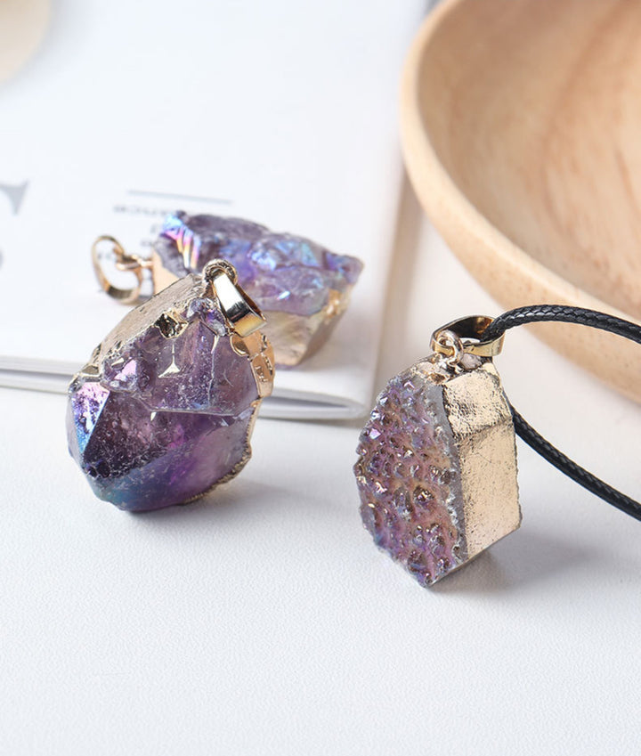 Natural Amethyst Cluster Pendant, Amethyst Cluster Raw Stone with Electroplated Gold Edge Necklace, Crystal Necklace,Gift for Her