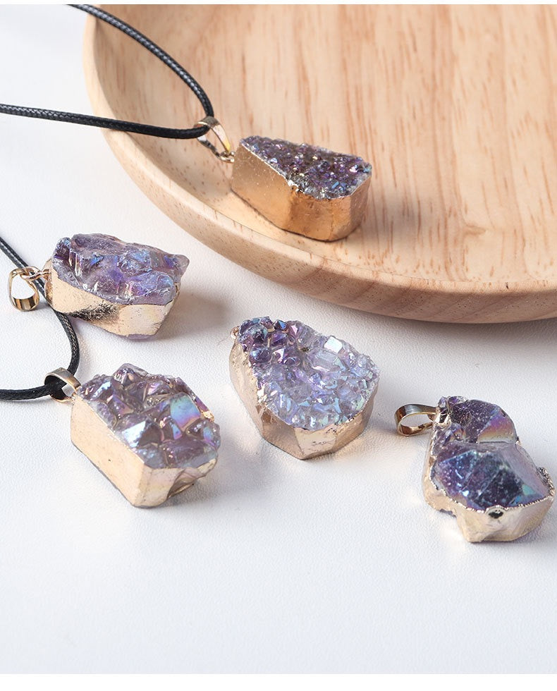 Natural Amethyst Cluster Pendant, Amethyst Cluster Raw Stone with Electroplated Gold Edge Necklace, Crystal Necklace,Gift for Her