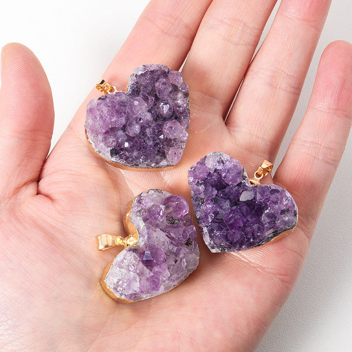 Natural Uruguay Amethyst Cluster Heart Pendant, Amethyst Tooth Piece with Gold or Silver Edging, Heart-shaped Necklace, Crystal Necklace,Gift for Her