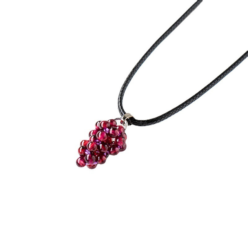 Natural Crystal Garnet Grape Pendant, Wine Red Crystal Raw Stone Handmade Woven Necklace, Gift for Her