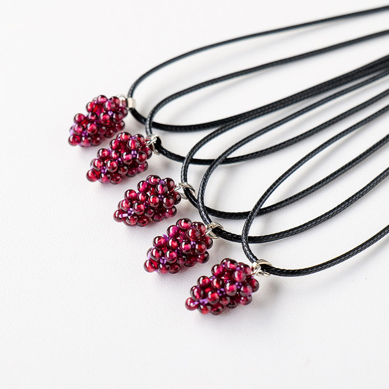 Natural Crystal Garnet Grape Pendant, Wine Red Crystal Raw Stone Handmade Woven Necklace, Gift for Her