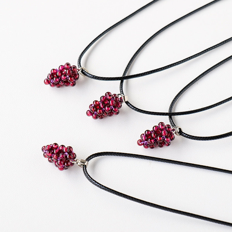 Natural Crystal Garnet Grape Pendant, Wine Red Crystal Raw Stone Handmade Woven Necklace, Gift for Her