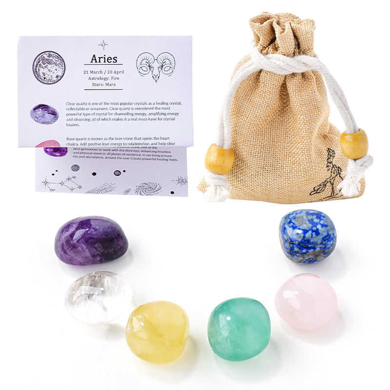 Natural Crystal Raw Stone Zodiac Pouch Set, Crystal Mineral Specimen Kit, Gift for Her/Him