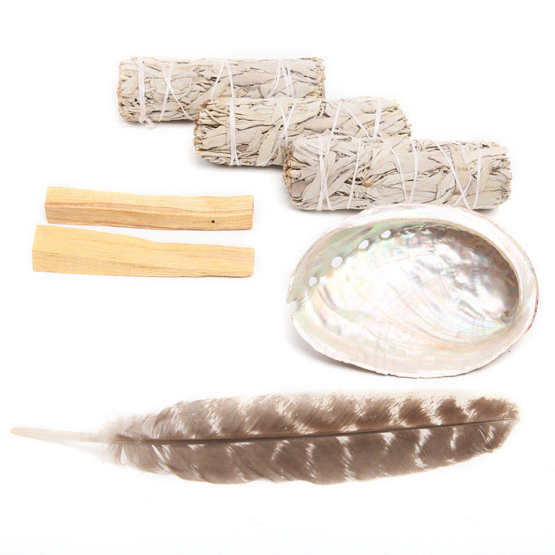 Crystal Purification Set, White Sage Purification Set with Turkey Feather and Abalone Shell