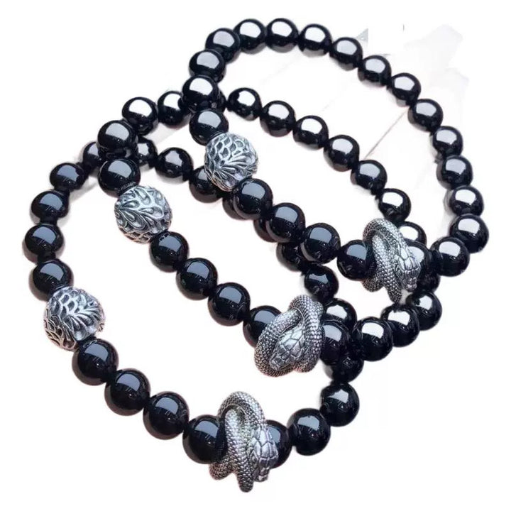 Silver Snake Natural Obsidian Crystal Bracelet